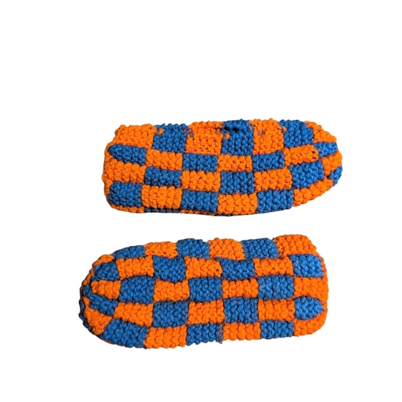 Handmade Knitted Acrylic Yarn Slippers Pantouffles Blue Orange - Picture 5 of 5